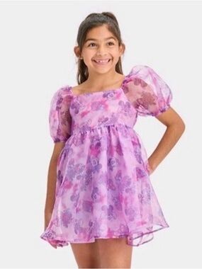 Disney Minnie Mouse Purple Lavender Pink Girls Puff Sleeve Floral Party Dress